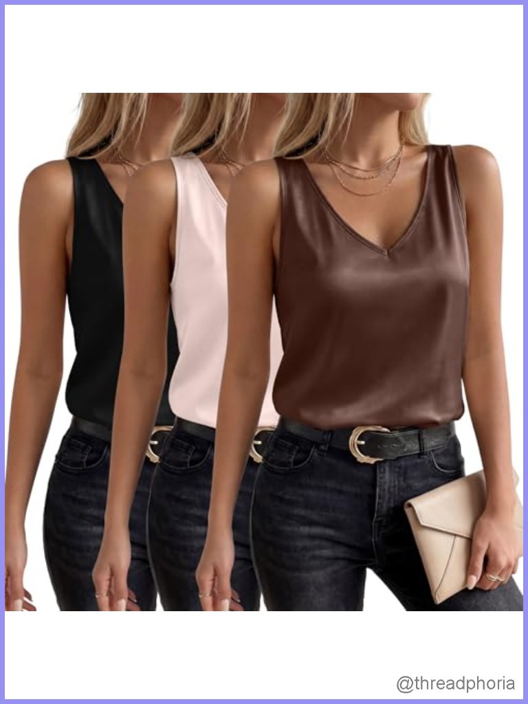 Silk Satin Tank Tops Sleeveless V Neck Cami Summer Casual Camisole Loose Fit